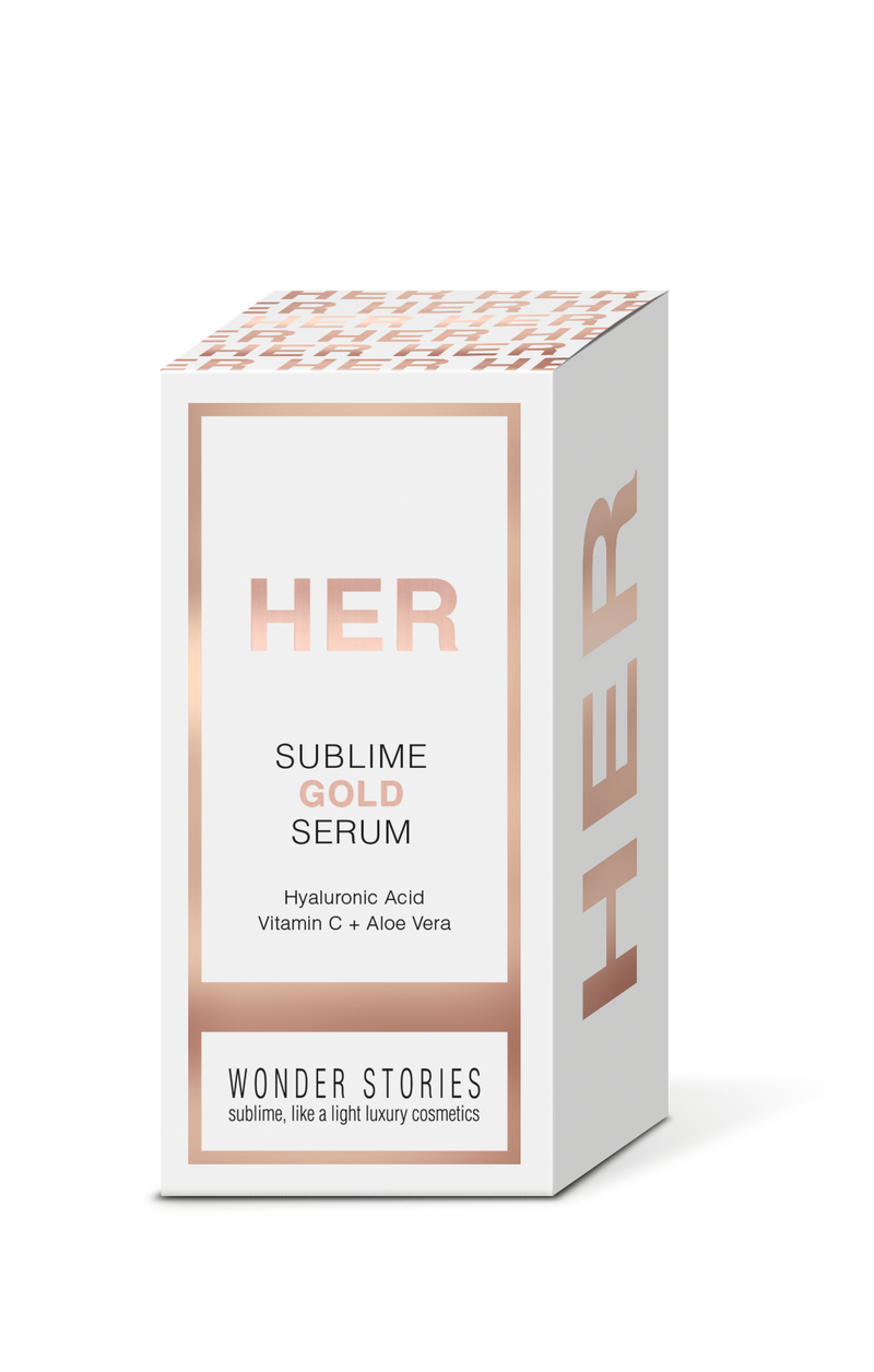 HER SUBLIME GOLD SERUM<br data-mce-fragment="1">Hyaluronic Acid + Vitamin C + Aloe Vera<br> Ácido Hialurónico + Vitamina C + Aloe Vera