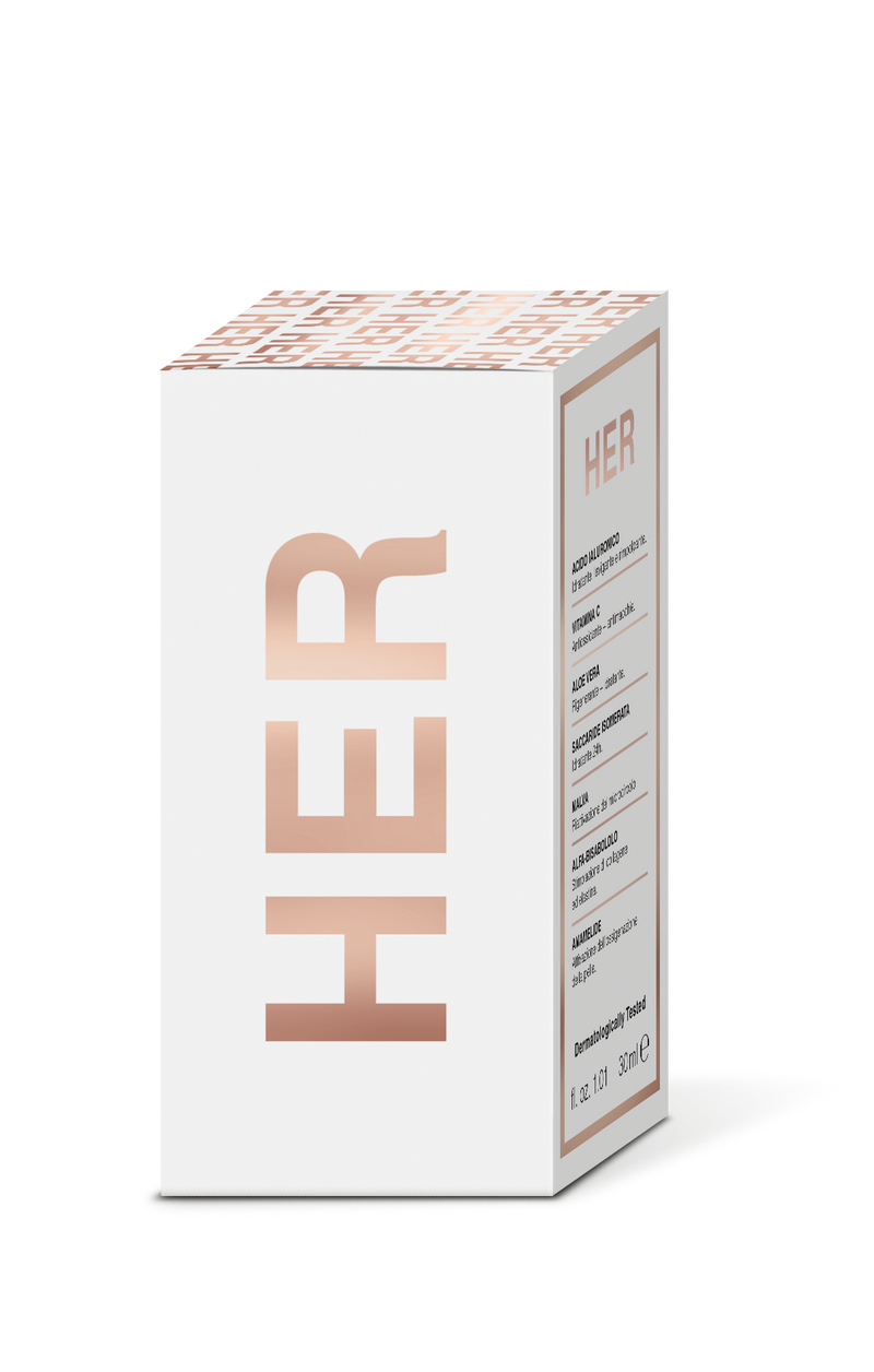 HER SUBLIME GOLD SERUM<br data-mce-fragment="1">Hyaluronic Acid + Vitamin C + Aloe Vera<br> Ácido Hialurónico + Vitamina C + Aloe Vera