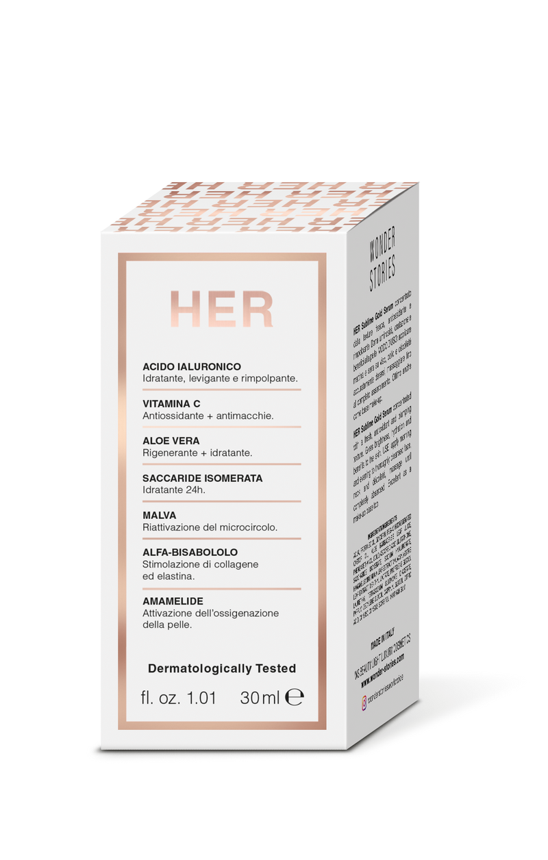 HER SUBLIME GOLD SERUM <br> Hyaluronic Acid + Vitamin C + Aloe Vera